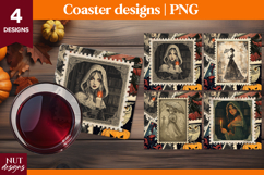 Vintage Postage Stamp Halloween coaster Witch Skeleton Lady Product Image 1