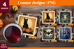 Vintage Postage Stamp Halloween coaster Black Cat Bat Doll Product Image 1