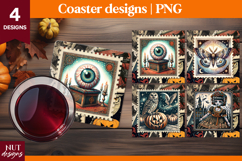 Vintage Postage Stamp Halloween coaster Moth Doll Owl Eye Product Image 1