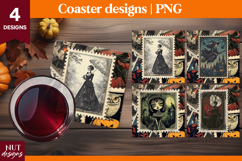 Vintage Postage Stamp Halloween coaster Witch Doll Skeleton Product Image 1
