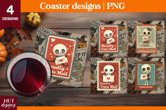 Vintage Postage Stamp Halloween coaster Cute Skeleton Product Image 1