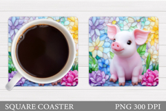 Cute Pig Coaster Design. Pig Flowers Coaster Sublimation Product Image 1