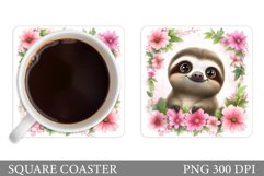 Cute Sloth Coaster. Sloth Flowers Coaster Sublimation Product Image 1