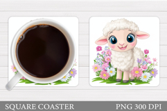 Cute Lamb Coaster Sublimation. Lamb Flowers Coaster Design Product Image 1
