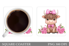Cute Highland Cow Coaster. Cow Flowers Coaster Design Product Image 1
