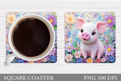 Cute Pig Coaster Design. Pig Flowers Coaster Sublimation Product Image 1
