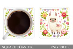 Cute Lama Coaster Design. Lama Flowers Coaster Sublimation Product Image 1