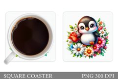Cute Penguin Coaster Design. Flowers Coaster Sublimation Product Image 1
