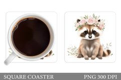 Cute Raccoon Coaster Design. Raccoon Flowers Coaster Product Image 1