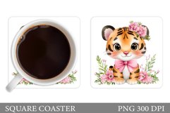 Cute Tiger Coaster Design. Tiger Flowers Coaster Sublimation Product Image 1