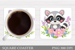 Cute Raccoon Coaster Design. Raccoon Flowers Coaster Product Image 1