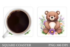 Bear Coaster Sublimation. Bear Flowers Coaster Design Product Image 1