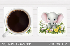 Cute Elephant Coaster. Elephant Flowers Coaster Sublimation Product Image 1