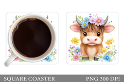 Highland Cow Coaster Design. Cow Flowers Coaster Sublimation Product Image 1