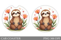 Cute Sloth Car Coaster. Sloth Flowers Car Coaster Design Product Image 1