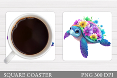 Turtle Coaster Sublimation. Turtle Flowers Coaster Design Product Image 1