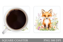 Cute Fox Coaster Sublimation. Fox Flowers Coaster Design Product Image 1