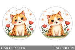 Cute Cat Car Coaster. Cat Flowers Car Coaster Sublimation Product Image 1