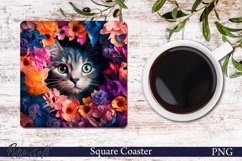Cat Square Coaster | Farm Animal Design | Cat and Flowers Product Image 1