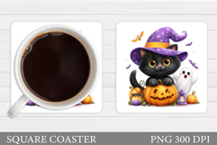 Black Cat Square Coaster. Halloween Cat Coaster Sublimation Product Image 1