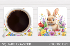 Cute Bunny Coaster. Bunny Flowers Coaster Sublimation Product Image 1