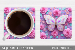 Butterfly Coaster Sublimation. Butterfly Flowers Coaster Product Image 1