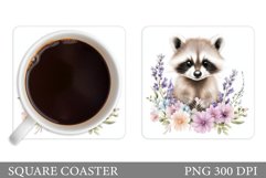 Cute Raccoon Coaster Design. Raccoon Flowers Coaster Product Image 1