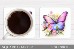 Butterfly Coaster Sublimation. Butterfly Flowers Coaster Product Image 1
