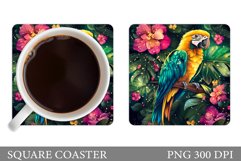 Parrot Coaster Sublimation. Tropical Flowers Coaster Design Product Image 1