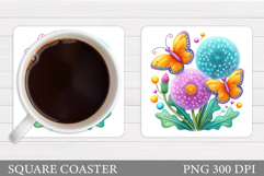 Butterflies Coaster Sublimation. Flowers Coaster Design Product Image 1