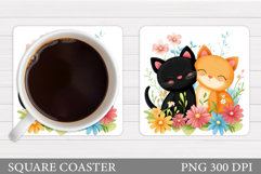 Cute Cats Coaster Design. Cat Flowers Coaster Sublimation Product Image 1