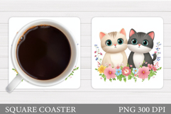 Cute Cats Coaster Design. Cat Flowers Coaster Sublimation Product Image 1
