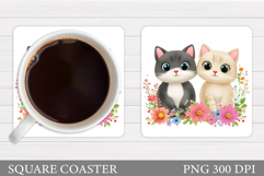 Cute Cats Coaster Design. Cat Flowers Coaster Sublimation Product Image 1