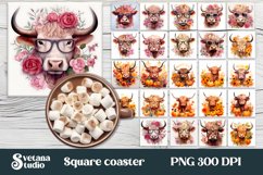 Highland cow sunflower square coaster sublimation, funny dog coaster, rainbow cat square coaster, flower coaster PNG.