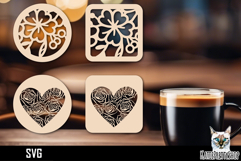 Lasercut Coasters Flower, Heart coaster svg cut file Product Image 1