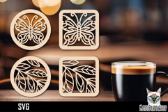Lasercut Coasters Flower, Butterfly coaster svg cut file Product Image 1