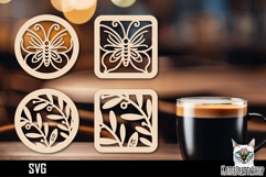 Lasercut Coasters Flower, Butterfly coaster svg cut file Product Image 1