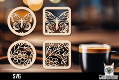 Lasercut Coasters Flower, Butterfly coaster svg cut file Product Image 1