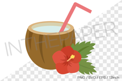 Coconut drink cut in half and with a straw PNG summer illust Product Image 1