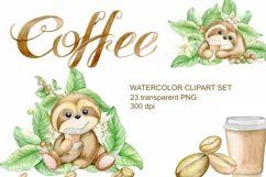 cute sloth clipart, watercolor clip art, coffee png, animal, Product Image 1