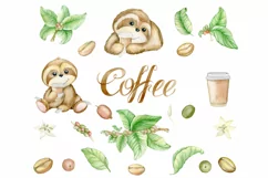 cute sloth clipart, watercolor clip art, coffee png, animal, Product Image 2