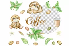 cute sloth clipart, watercolor clip art, coffee png, animal, Product Image 4