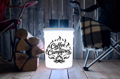 Camping SVG graphic with flowing hand-lettered text and campfire illustration, ideal for Cricut vinyl projects, camping shirts, mugs, and summer outdoor crafts.