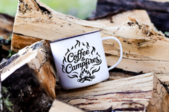 Campfire themed quote design featuring the words “Coffee &amp; Campfires” in bold script lettering with decorative flames and logs underneath, perfect for camping shirts, mugs, and outdoor decor.