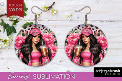 Floral Girl Round Earrings - Coffee Lover PNG Sublimation Product Image 1