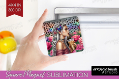 Floral Girl Magnet Sublimation - Coffee Lover Square Magnet Product Image 1