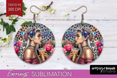 Floral Girl Round Earrings - Coffee Lover PNG Sublimation Product Image 1