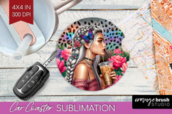 Floral Girl Car Coaster - Coffee Lover Coaster PNG Product Image 1