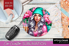 Floral Girl Car Coaster - Coffee Lover Coaster PNG Product Image 1