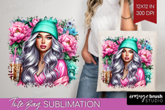 Floral Girl Tote Bag - Coffee Lover Tote Bag PNG Sublimation Product Image 1